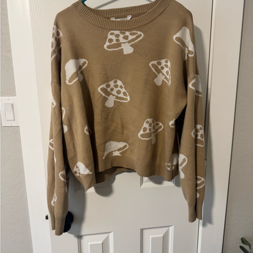 No Boundaries Tan Sweater with Mushroom Design